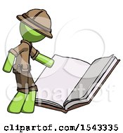 Poster, Art Print Of Green Explorer Ranger Man Reading Big Book While Standing Beside It