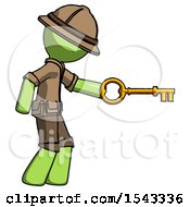 Green Explorer Ranger Man With Big Key Of Gold Opening Something