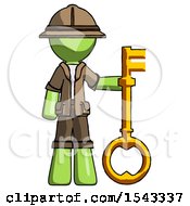 Poster, Art Print Of Green Explorer Ranger Man Holding Key Made Of Gold