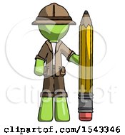 Poster, Art Print Of Green Explorer Ranger Man With Large Pencil Standing Ready To Write