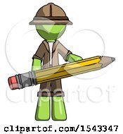 Green Explorer Ranger Man Writer Or Blogger Holding Large Pencil