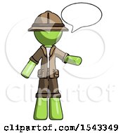 Poster, Art Print Of Green Explorer Ranger Man With Word Bubble Talking Chat Icon