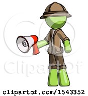 Poster, Art Print Of Green Explorer Ranger Man Holding Megaphone Bullhorn Facing Right