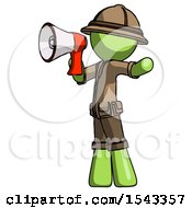 Poster, Art Print Of Green Explorer Ranger Man Shouting Into Megaphone Bullhorn Facing Left