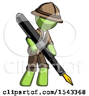 Poster, Art Print Of Green Explorer Ranger Man Drawing Or Writing With Large Calligraphy Pen