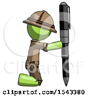 Green Explorer Ranger Man Posing With Giant Pen In Powerful Yet Awkward Manner