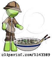 Poster, Art Print Of Green Explorer Ranger Man And Noodle Bowl Giant Soup Restaraunt Concept
