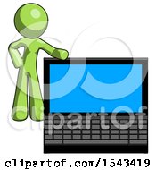 Poster, Art Print Of Green Design Mascot Man Beside Large Laptop Computer Leaning Against It