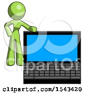 Green Design Mascot Woman Beside Large Laptop Computer Leaning Against It