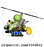Green Design Mascot Man Flying In Gyrocopter Front Side Angle Top View