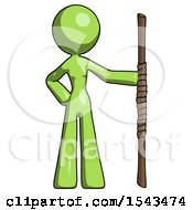 Poster, Art Print Of Green Design Mascot Woman Holding Staff Or Bo Staff
