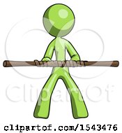 Green Design Mascot Woman Bo Staff Kung Fu Defense Pose