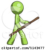Poster, Art Print Of Green Design Mascot Man Holding Bo Staff In Sideways Defense Pose