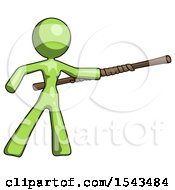 Poster, Art Print Of Green Design Mascot Woman Bo Staff Pointing Right Kung Fu Pose