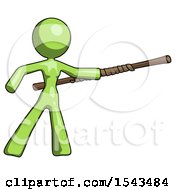 Green Design Mascot Woman Bo Staff Pointing Right Kung Fu Pose