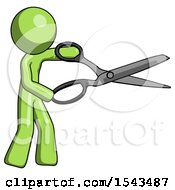 Green Design Mascot Man Holding Giant Scissors Cutting Out Something