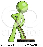 Green Design Mascot Man Cleaning Services Janitor Sweeping Floor With Push Broom