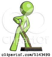 Poster, Art Print Of Green Design Mascot Woman Cleaning Services Janitor Sweeping Floor With Push Broom