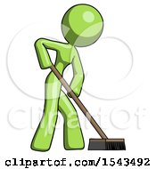 Green Design Mascot Woman Cleaning Services Janitor Sweeping Side View