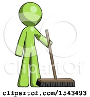 Green Design Mascot Man Standing With Industrial Broom