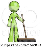 Green Design Mascot Woman Standing With Industrial Broom