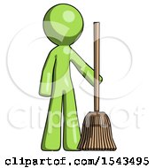 Green Design Mascot Man Standing With Broom Cleaning Services