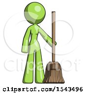 Green Design Mascot Woman Standing With Broom Cleaning Services
