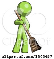 Poster, Art Print Of Green Design Mascot Man Sweeping Area With Broom