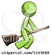 Green Design Mascot Man Flying On Broom