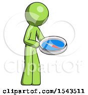 Poster, Art Print Of Green Design Mascot Man Looking At Large Compass Facing Right