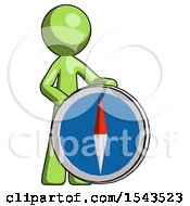 Poster, Art Print Of Green Design Mascot Man Standing Beside Large Compass