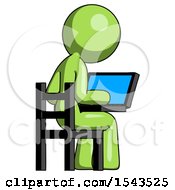 Poster, Art Print Of Green Design Mascot Woman Using Laptop Computer While Sitting In Chair View From Back