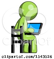 Green Design Mascot Man Using Laptop Computer While Sitting In Chair View From Back