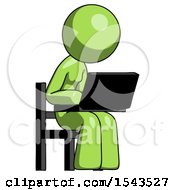 Green Design Mascot Woman Using Laptop Computer While Sitting In Chair Angled Right