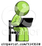 Poster, Art Print Of Green Design Mascot Man Using Laptop Computer While Sitting In Chair Angled Right