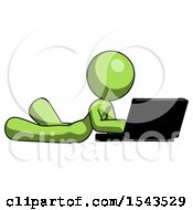 Poster, Art Print Of Green Design Mascot Woman Using Laptop Computer While Lying On Floor Side Angled View