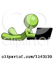 Poster, Art Print Of Green Design Mascot Man Using Laptop Computer While Lying On Floor Side Angled View