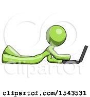 Poster, Art Print Of Green Design Mascot Woman Using Laptop Computer While Lying On Floor Side View