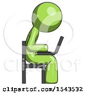 Green Design Mascot Man Using Laptop Computer While Sitting In Chair View From Side