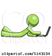 Poster, Art Print Of Green Design Mascot Man Using Laptop Computer While Lying On Floor Side View