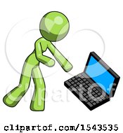Green Design Mascot Woman Throwing Laptop Computer In Frustration
