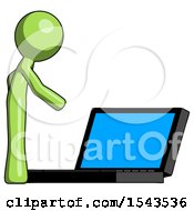 Green Design Mascot Man Using Large Laptop Computer Side Orthographic View