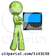 Green Design Mascot Man Holding Laptop Computer Presenting Something On Screen