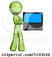 Poster, Art Print Of Green Design Mascot Woman Holding Laptop Computer Presenting Something On Screen