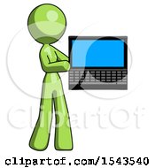 Green Design Mascot Woman Holding Laptop Computer Presenting Something On Screen
