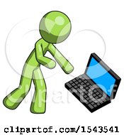 Green Design Mascot Man Throwing Laptop Computer In Frustration