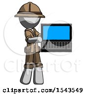 Poster, Art Print Of Gray Explorer Ranger Man Holding Laptop Computer Presenting Something On Screen