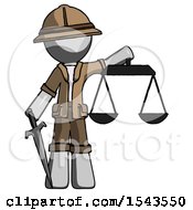 Poster, Art Print Of Gray Explorer Ranger Man Justice Concept With Scales And Sword Justicia Derived