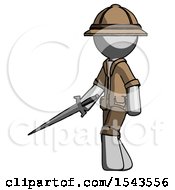 Poster, Art Print Of Gray Explorer Ranger Man With Sword Walking Confidently