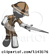 Poster, Art Print Of Gray Explorer Ranger Man Sword Pose Stabbing Or Jabbing